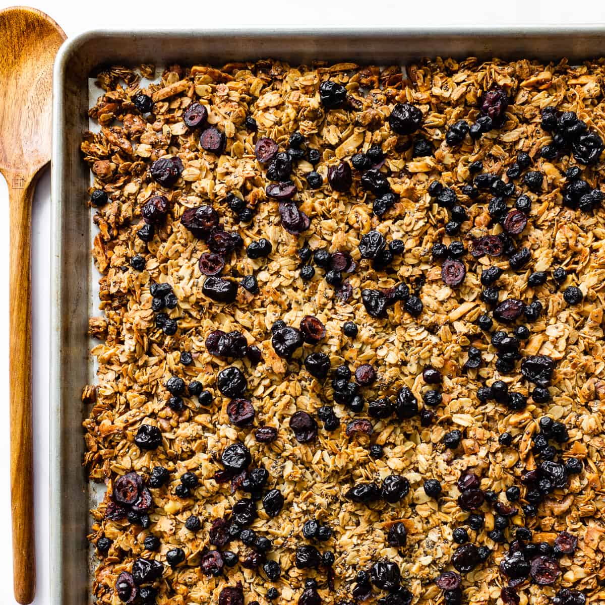 A baking sheet of homemade berry granola.