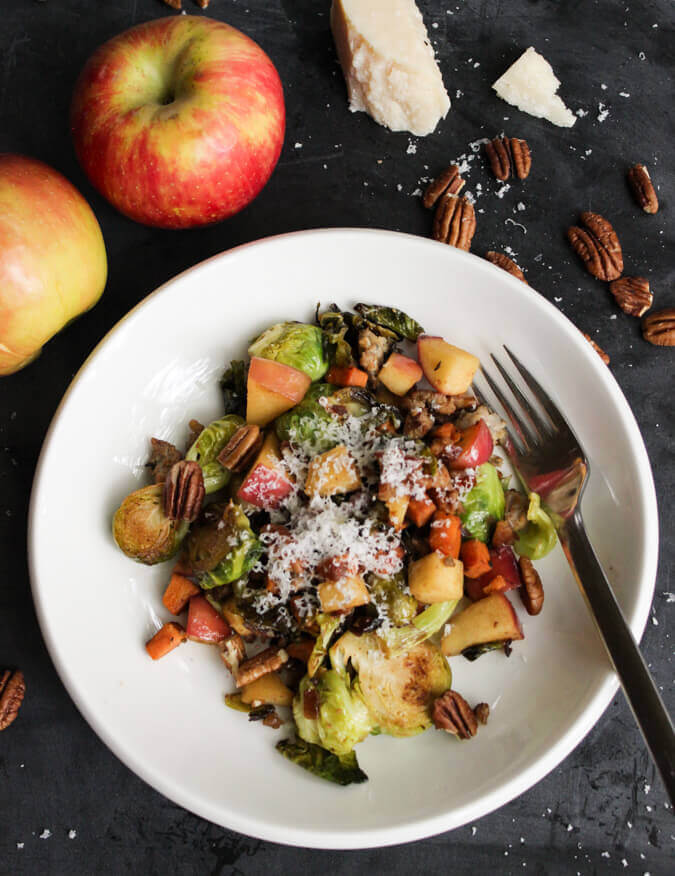 Pan-roasted brussels sprouts with Honeycrisp apples, pecans, and sausage.