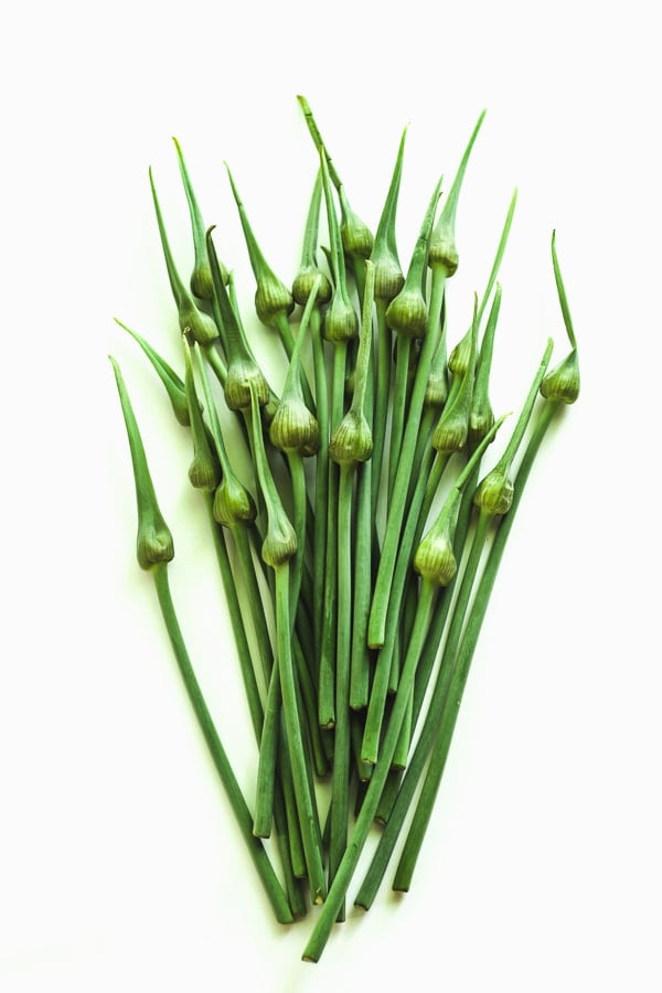 A bundle of green garlic spears on a white background.