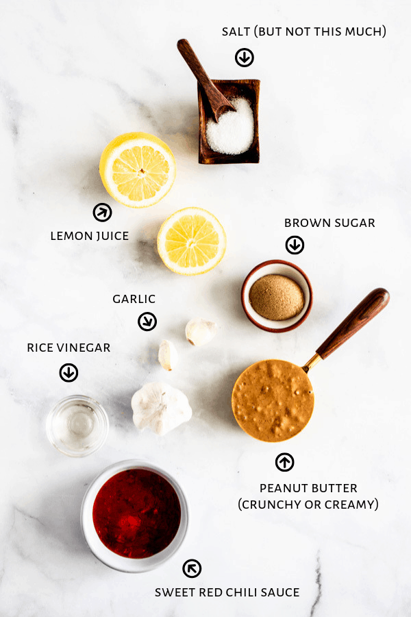 A display of ingredients that are used to make a quick and easy 5-Minute Peanut Sauce.