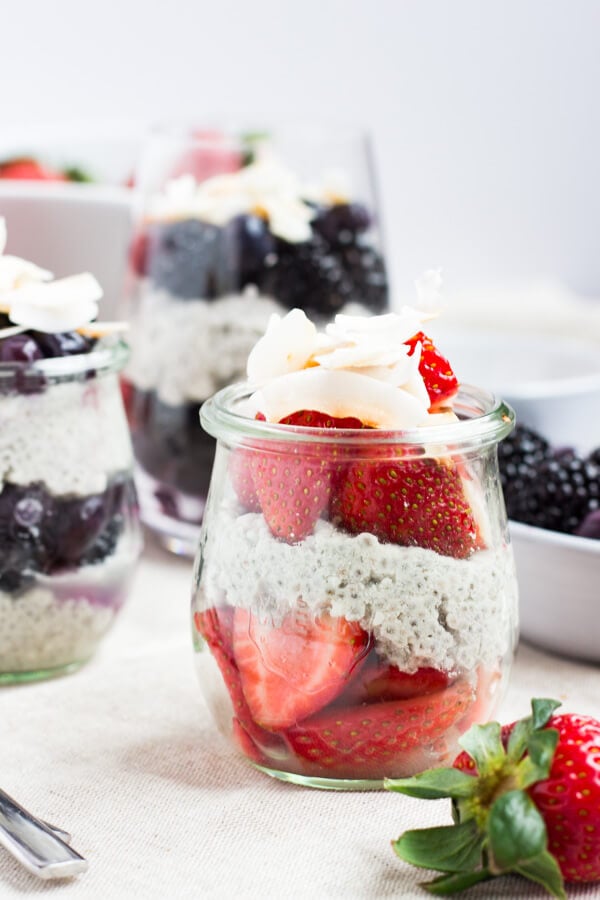 Coconut Chia Parfaits with Fresh Berries - With just 6 ingredients, these Coconut Chia Parfaits with Fresh Berries are a quick and easy superfood breakfast or a beautiful treat for a brunch or party. Recipe courtesy of Natural Contents Good Food For Everyone: Farm Fresh Clean Eating by Danielle Gaebel (Published by Natural Contents.com LLC; 2016); reprinted with permission. | passmesometasty.com