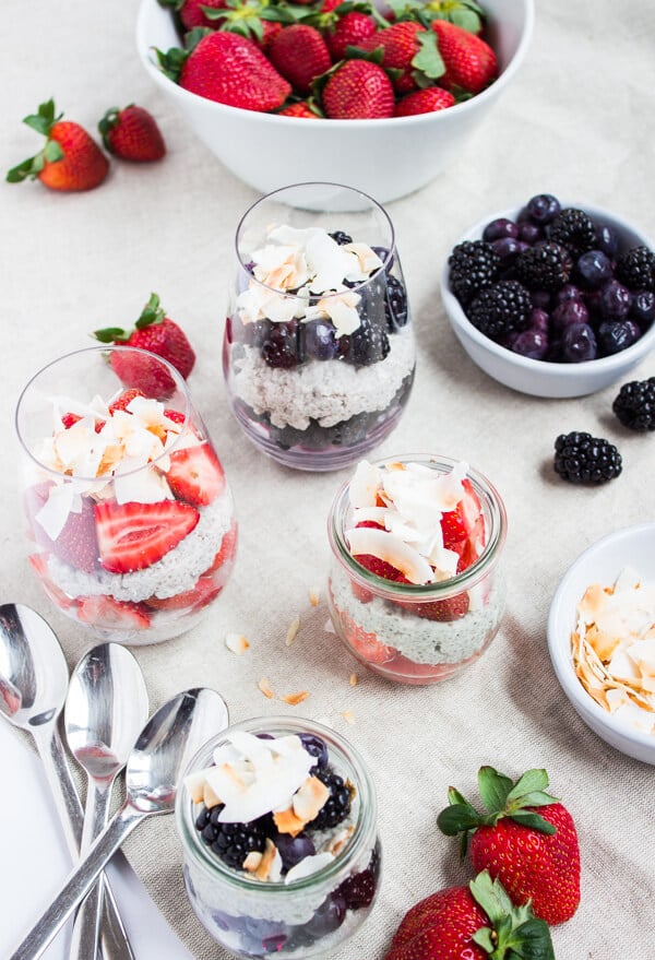 Coconut Chia Parfaits with Fresh Berries - With just 6 ingredients, these Coconut Chia Parfaits with Fresh Berries are a quick and easy superfood breakfast or a beautiful treat for a brunch or party. Recipe courtesy of Natural Contents Good Food For Everyone: Farm Fresh Clean Eating by Danielle Gaebel (Published by Natural Contents.com LLC; 2016); reprinted with permission. | passmesometasty.com
