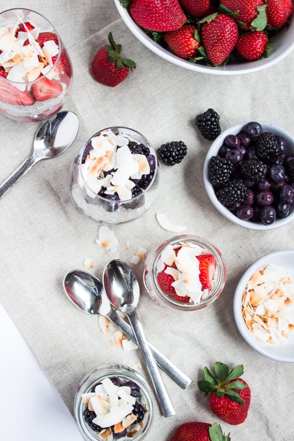 Coconut Chia Parfaits with Fresh Berries - With just 6 ingredients, these Coconut Chia Parfaits with Fresh Berries are a quick and easy superfood breakfast or a beautiful treat for a brunch or party. Recipe courtesy of Natural Contents Good Food For Everyone: Farm Fresh Clean Eating by Danielle Gaebel (Published by Natural Contents.com LLC; 2016); reprinted with permission. | passmesometasty.com