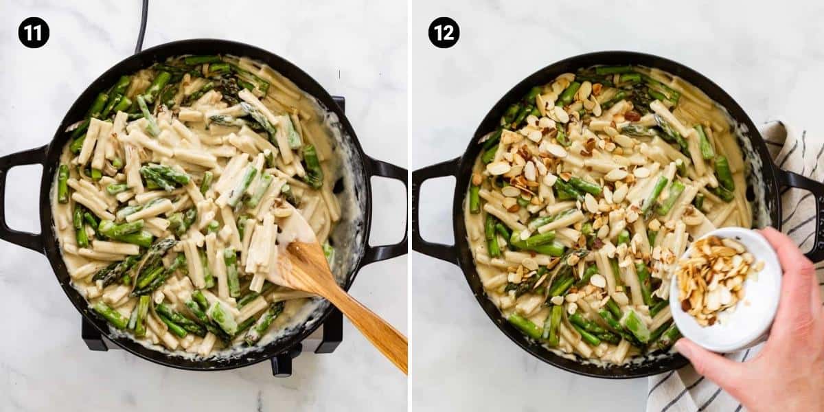 asparagus mixture is stirred into the creamy lemon sauce then topped with almonds.