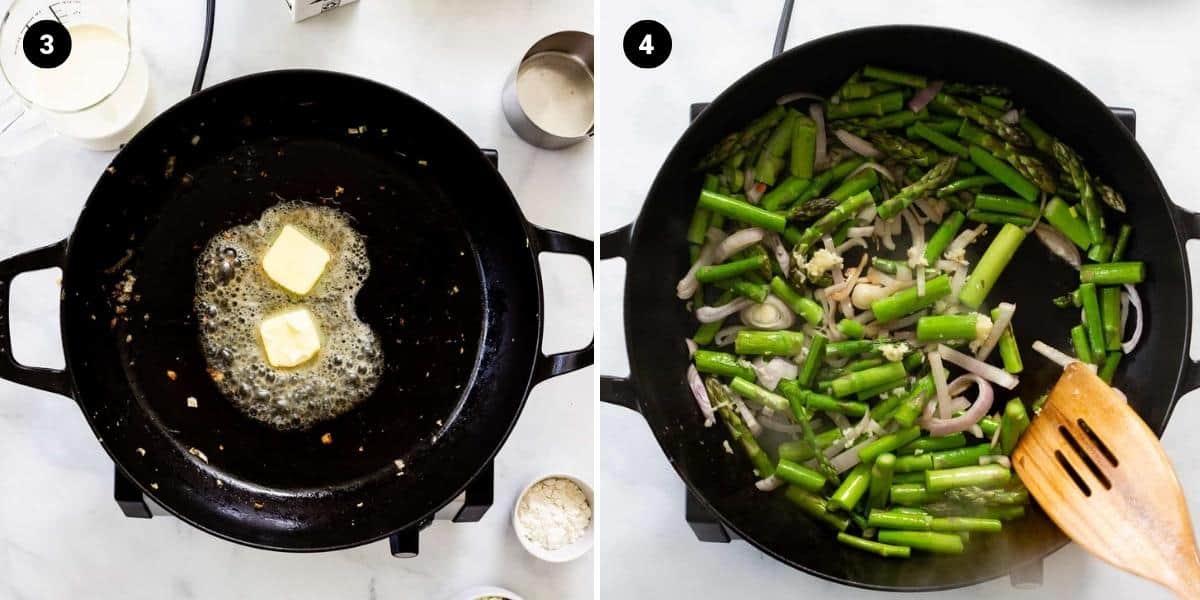 Melt butter in a skillet and sauté asparagus, shallots, and garlic.