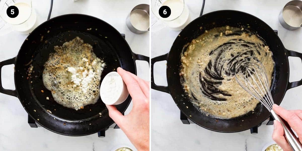 Butter and flour are combined and whisked in a skillet.
