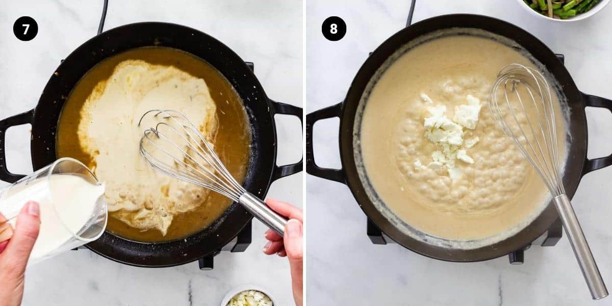Broth and cream are added and whisked, followed by soft goat cheese.