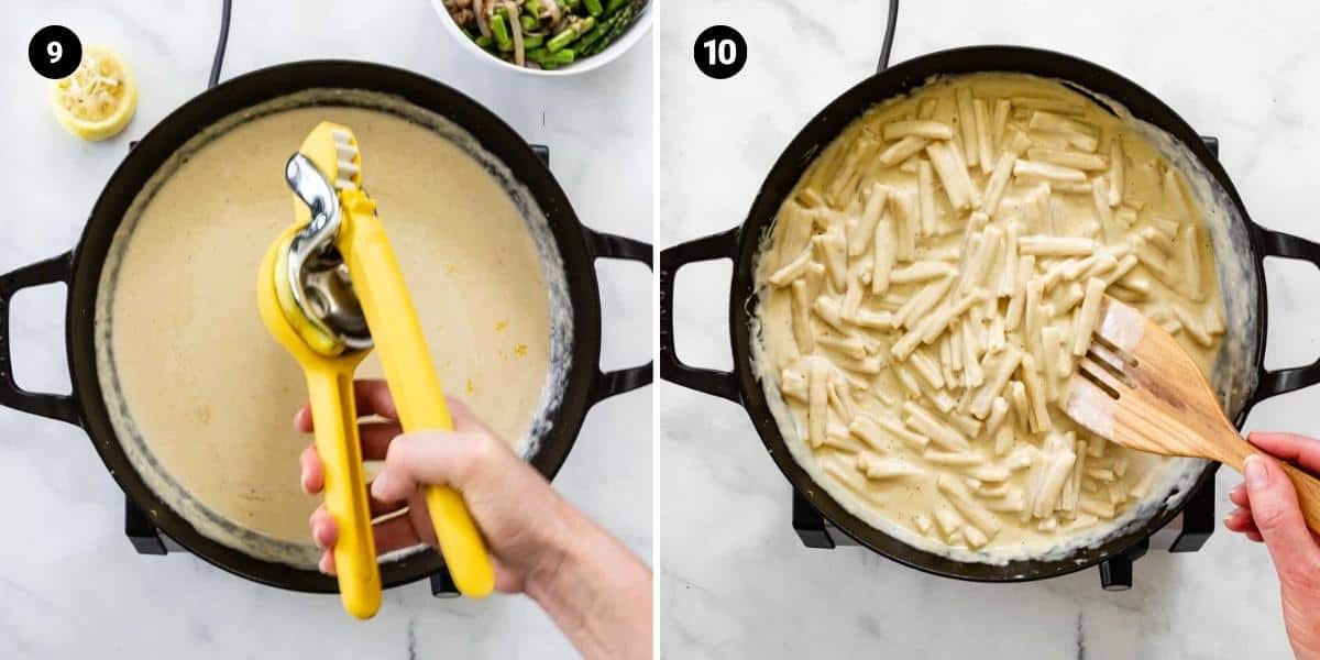 lemon are added to the cream sauce. Cooked pasta is stirred into the sauce.