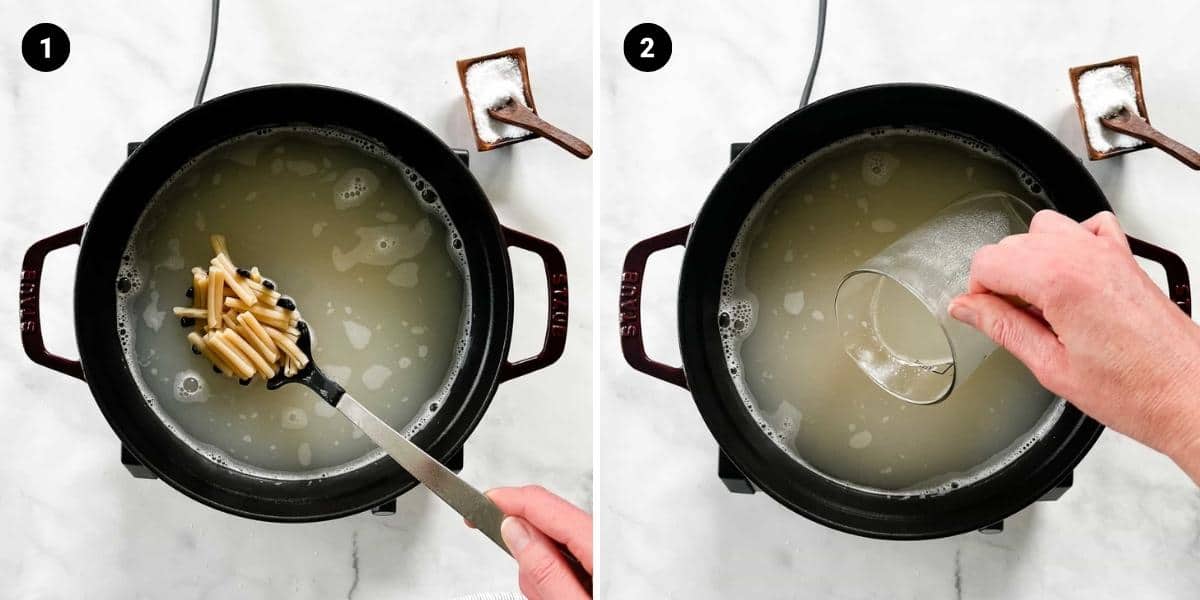 Boiling pasta and saving some pasta water.