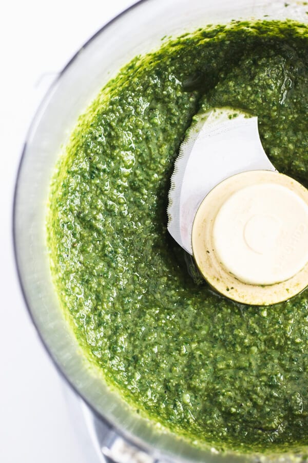 The cheeses and olive oil have been added to the mixture to complete the Pesto Genovese.
