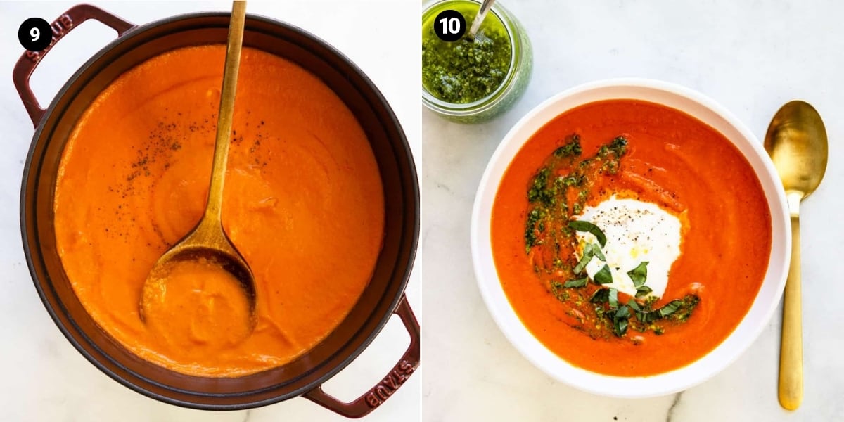 Soup simmers in a pot allowing the flavors to meld; soup is served with burrata, pesto, and fresh basil.