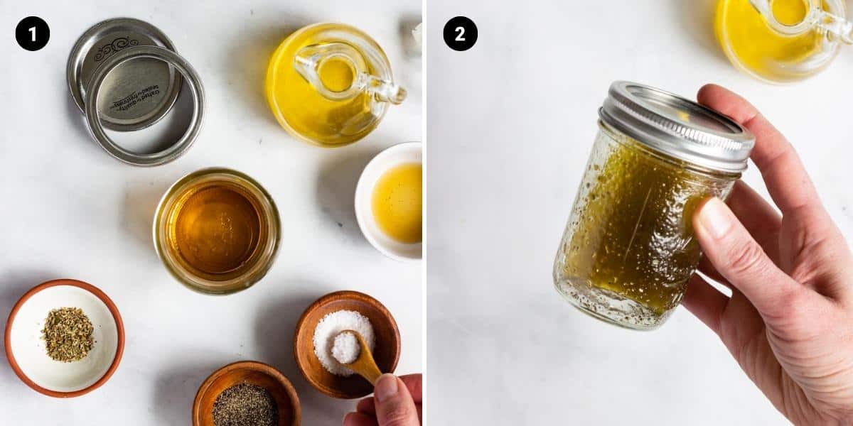 Ingredients are a simple vinaigrette are combined in a mason jar.