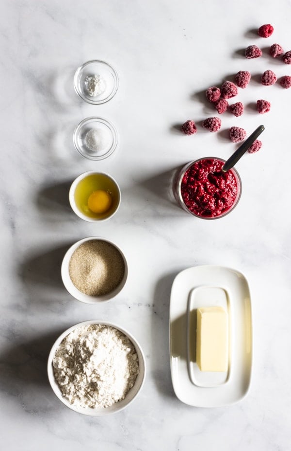 Ingredients are laid out for gluten-free raspberry hand pies.