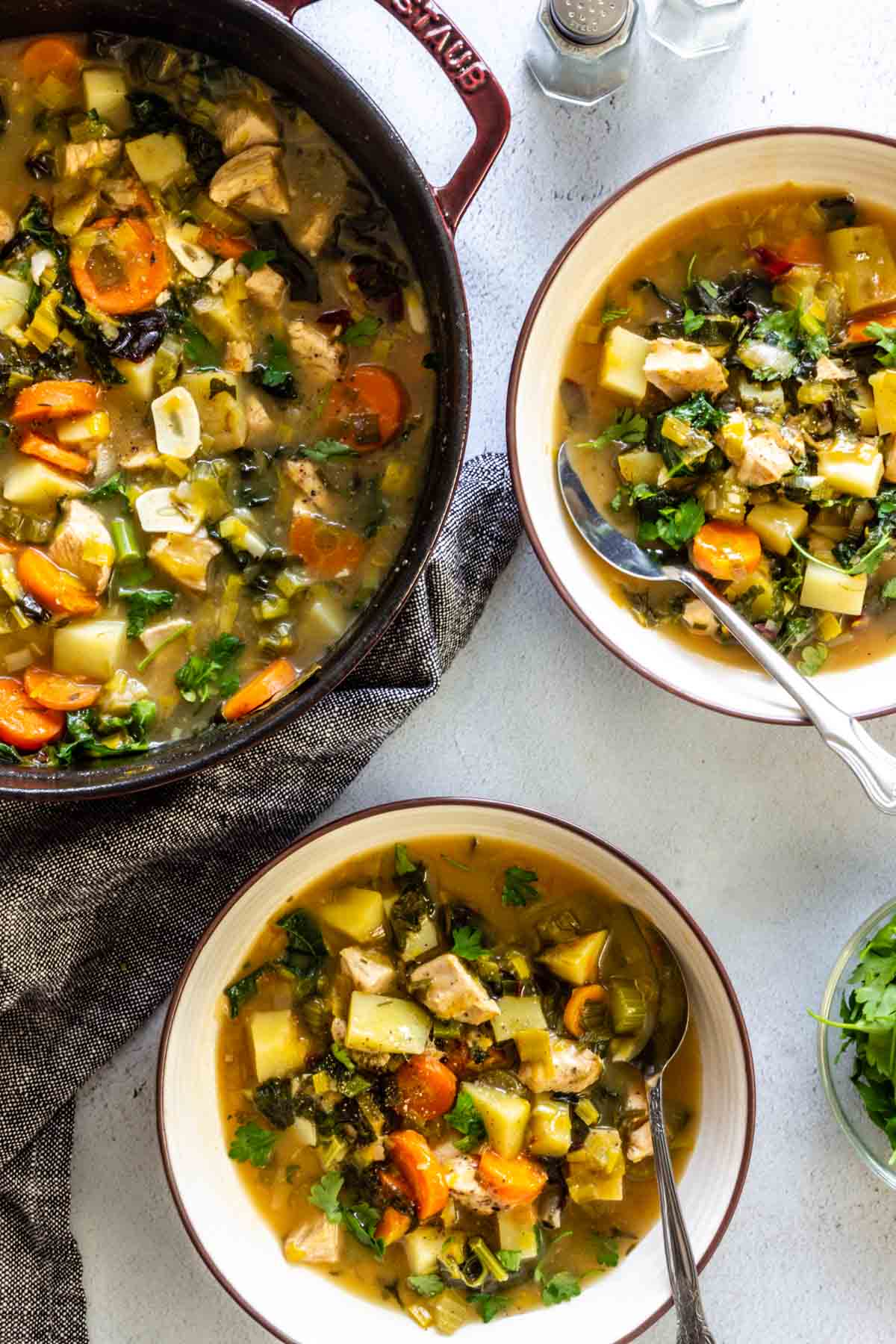 A large pot of gluten-free flu fighting chicken soup and two white bowls with a serving in each.