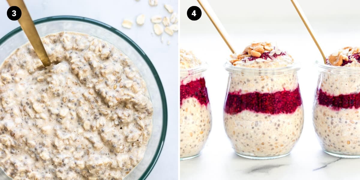 Overnight oats in a bowl. Overnight oats layered with raspberry jam in serving jars.