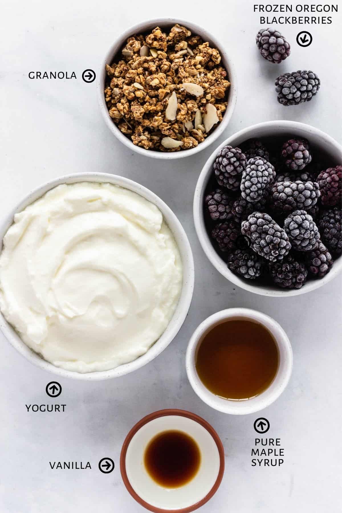 Ingredients for berry yogurt popsicles are laid out on the a counter: unsweetened plain yogurt, blackberries, maple syrup, vanilla, and granola.
