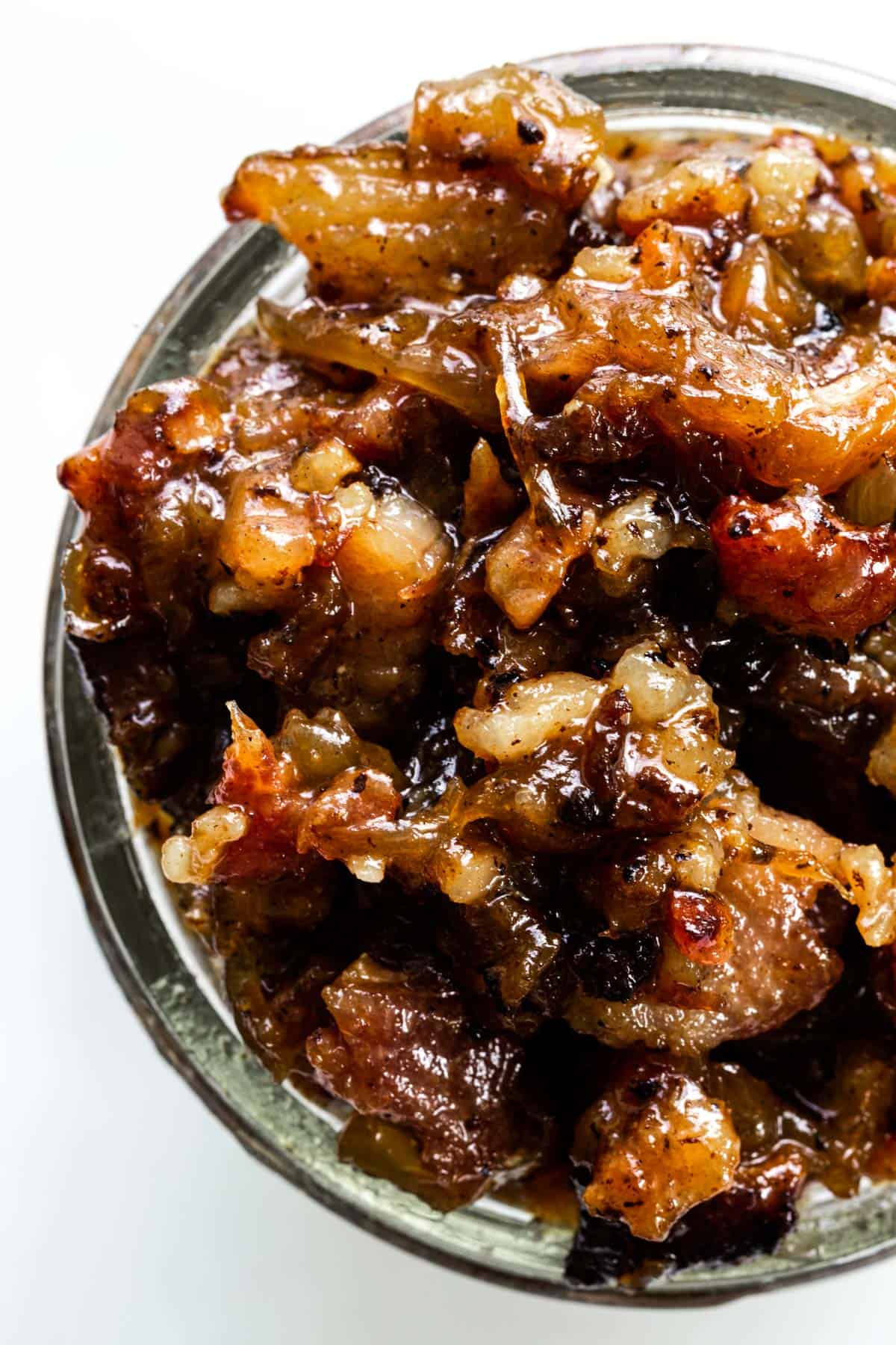 Looking down on a jar of bourbon bacon jam.