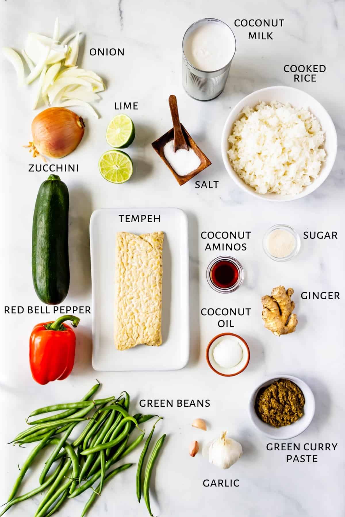 Ingredients for tempeh green curry.