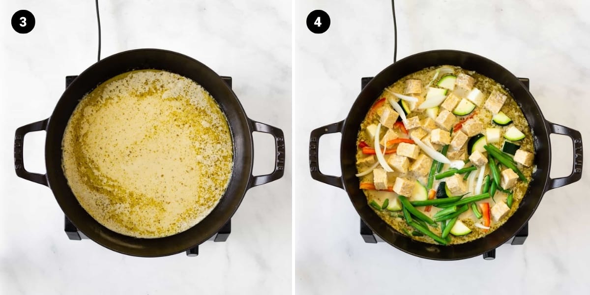 Large saucepan with curry, veggies, and tempeh.