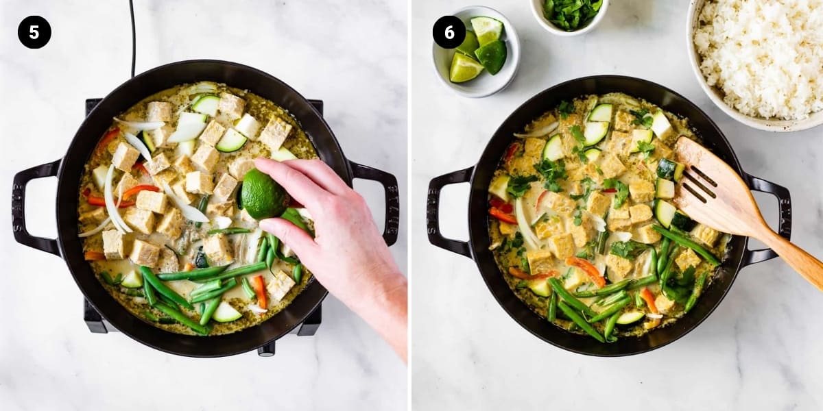 Adding a squeeze of lime and serving curry with rice.