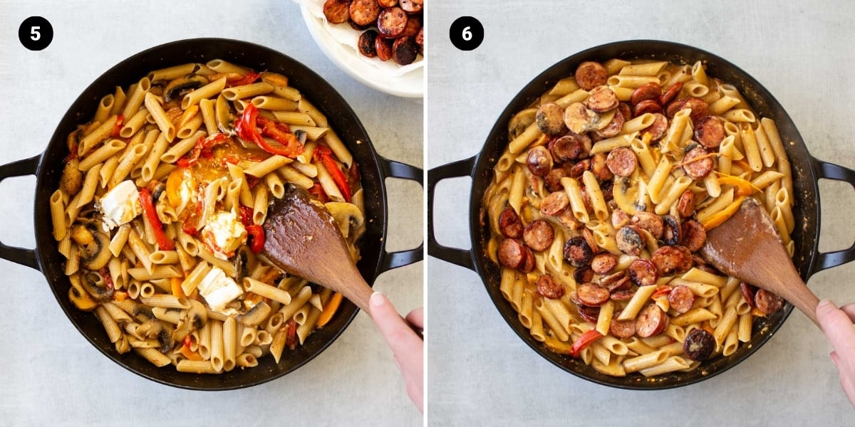 Stirring cream cheese into the pasta, then add the sausage back into the dish.