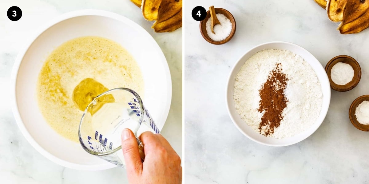 Melted coconut oil is added to the mixture. Dry ingredients are mixed in a separate bowl.