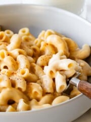 A bowl of homemade creamy gluten-free macaroni and cheese.
