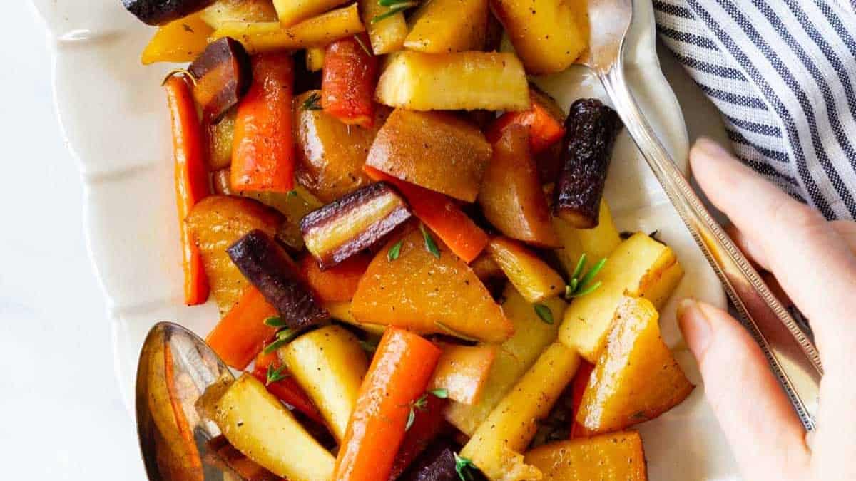 A platter of roasted root vegetables.