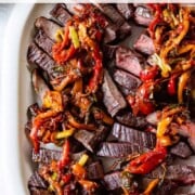 Thinly sliced flank steak topped with peperonata.