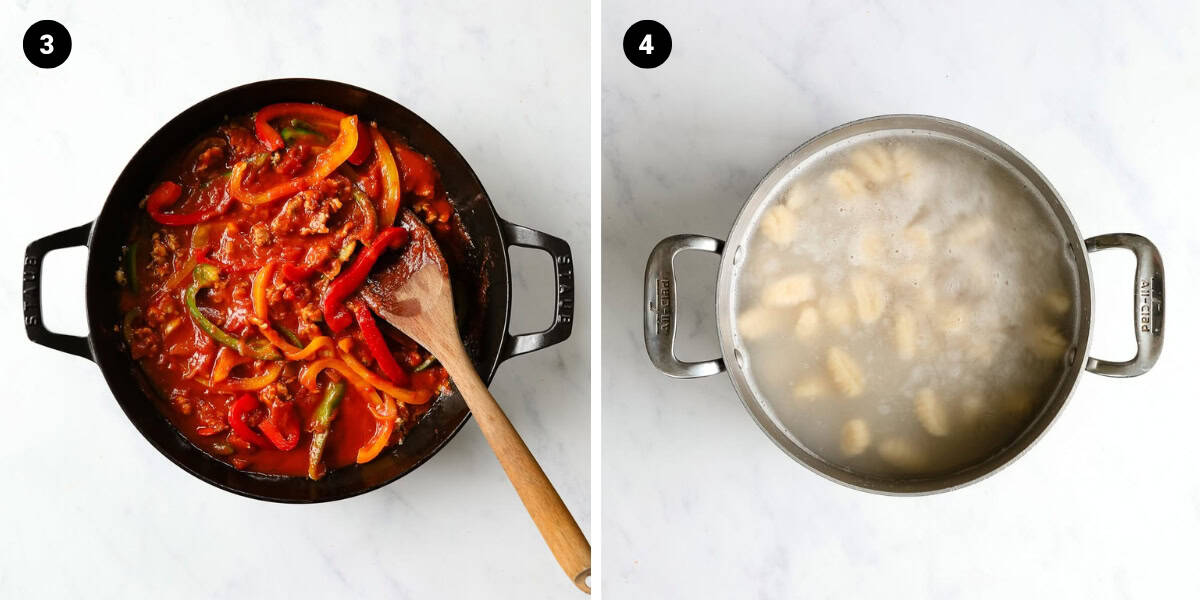 Sausage, onions, and bell peppers are simmered in marinara sauce. Gnocchi is cooked in a pot of boiling water.