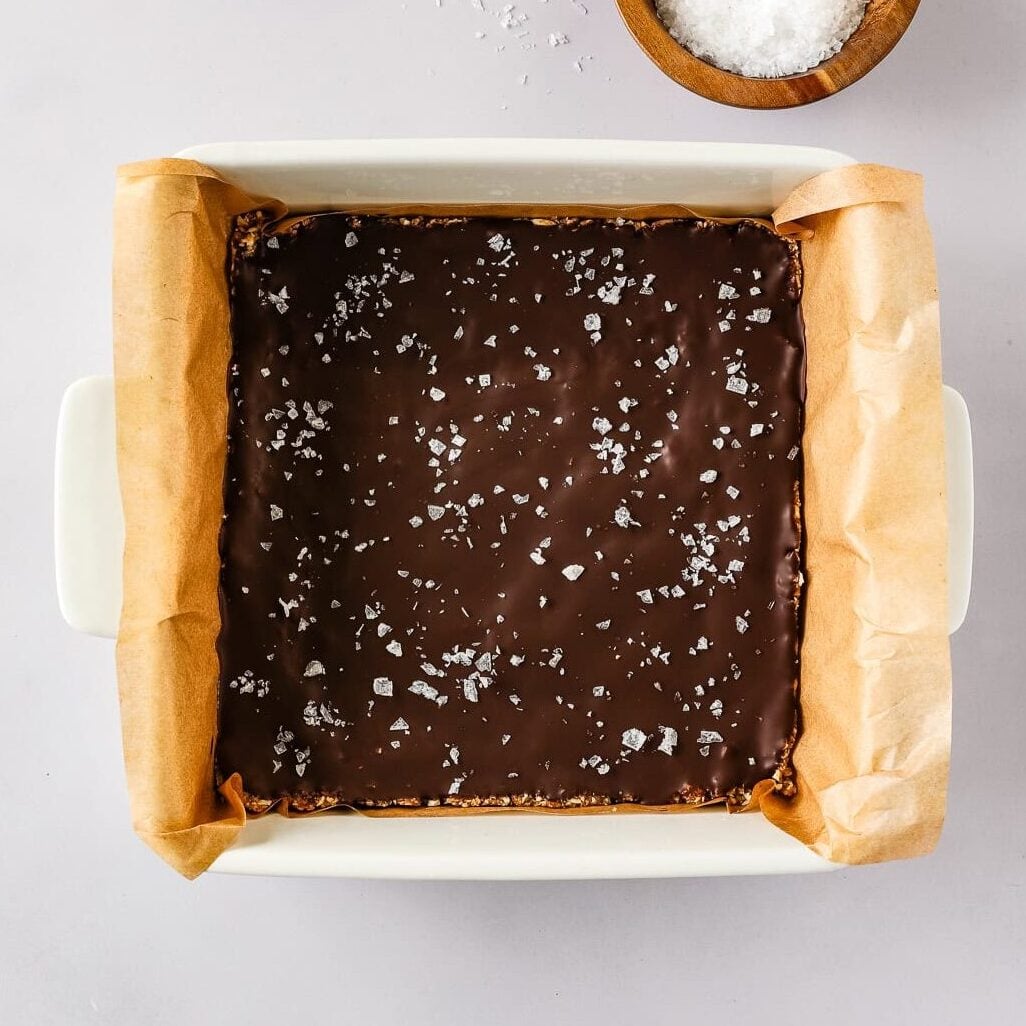 Chocolate date bars are topped with flaky sea salt.