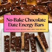 No-bake chocolate date energy bars topped with flaky sea salt.