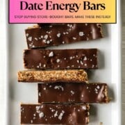 No-bake chocolate date energy bars topped with flaky sea salt.