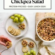 Cranberry pecan chickpea salad is served on crackers with a side of green grapes.